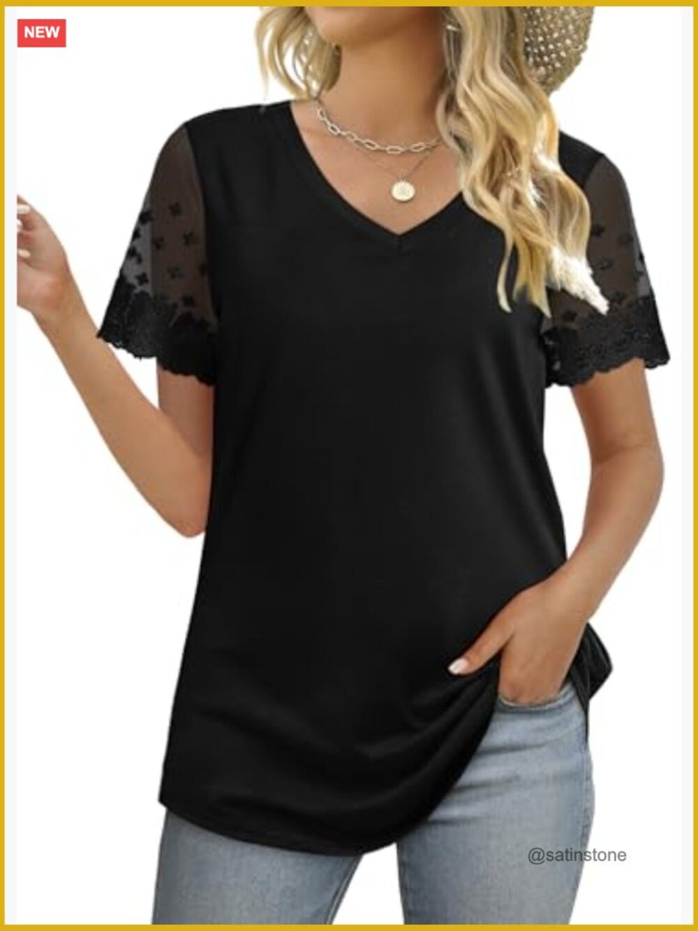 V Neck Lace Short Sleeve T Shirts for Women Curved Hem Loose Fit Tee - Picture 3 of 7
